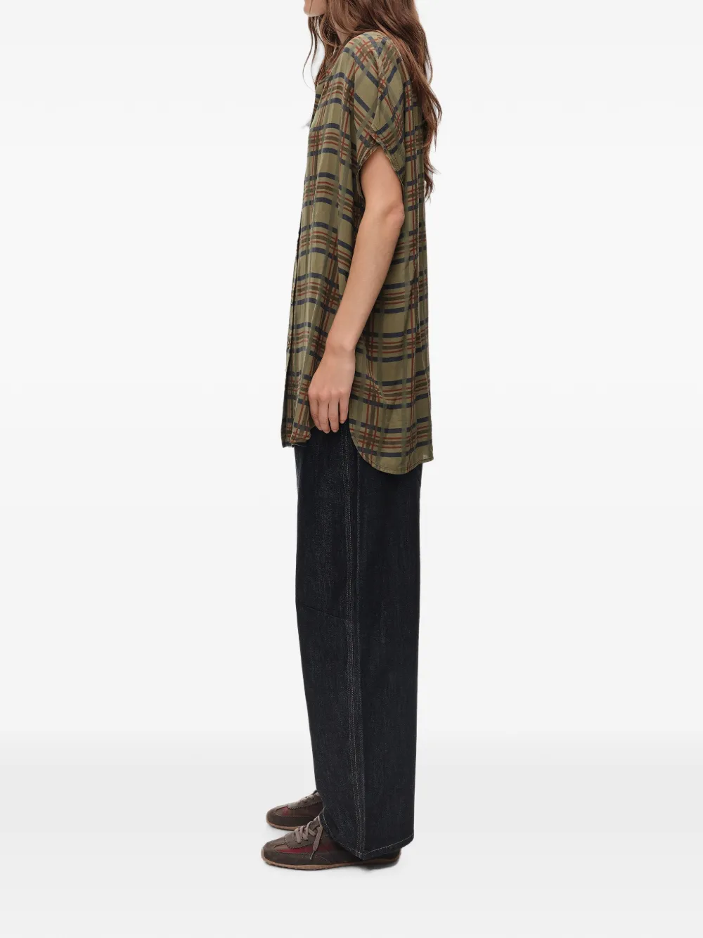 BIMBA Y LOLA Kaki geruite blouse met verlaagde schouders Groen