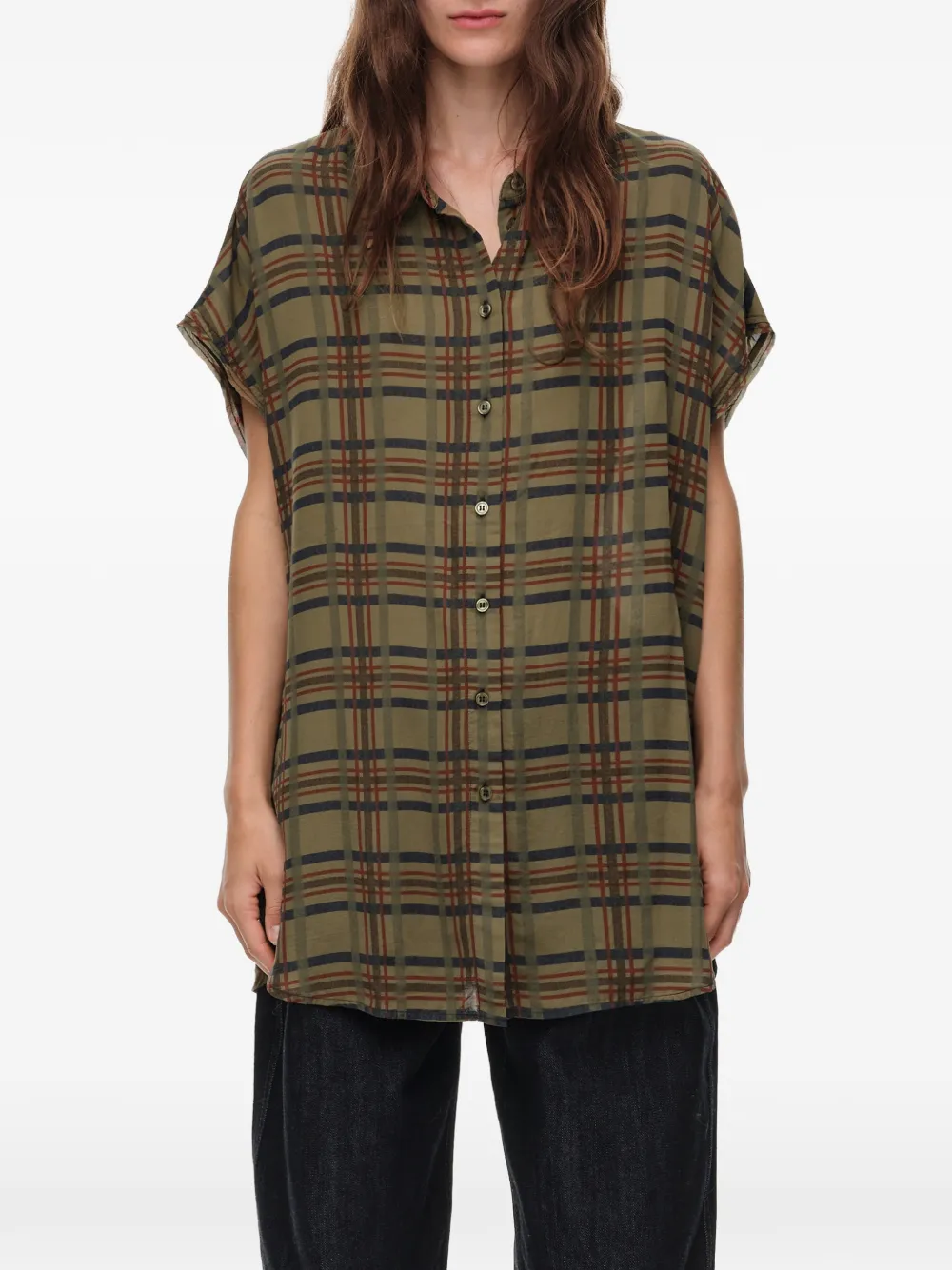 BIMBA Y LOLA Kaki geruite blouse met verlaagde schouders Groen