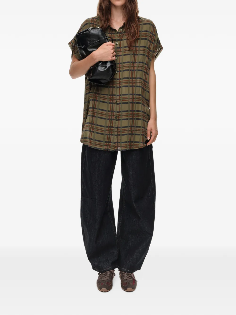 BIMBA Y LOLA Kaki geruite blouse met verlaagde schouders Groen