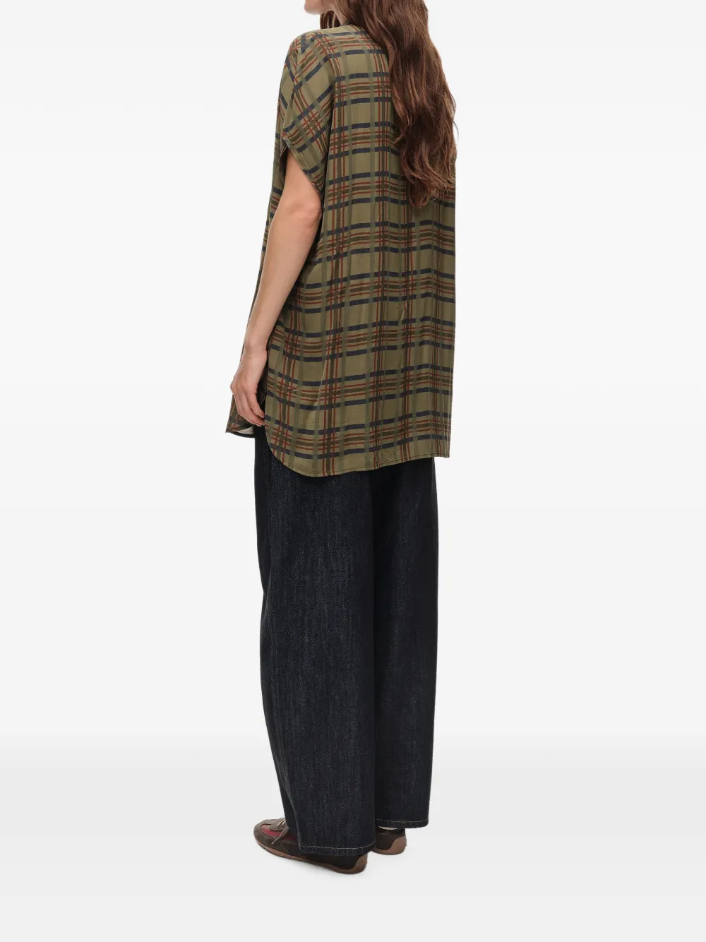 BIMBA Y LOLA Kaki geruite blouse met verlaagde schouders Groen
