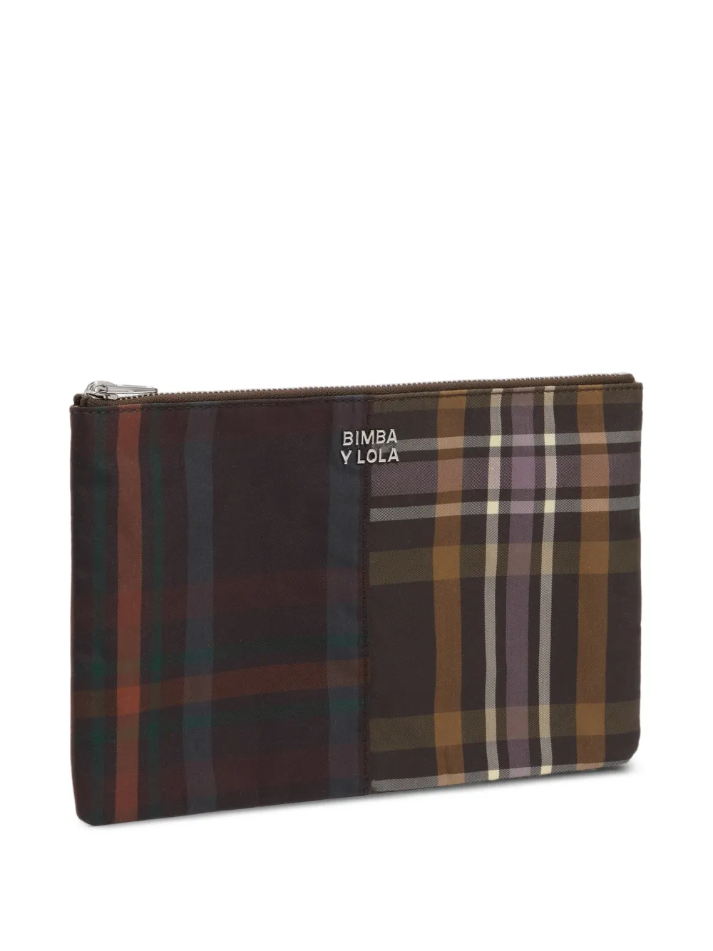 BIMBA Y LOLA medium coated chocolate green tartan clutch make-up case - Marrone