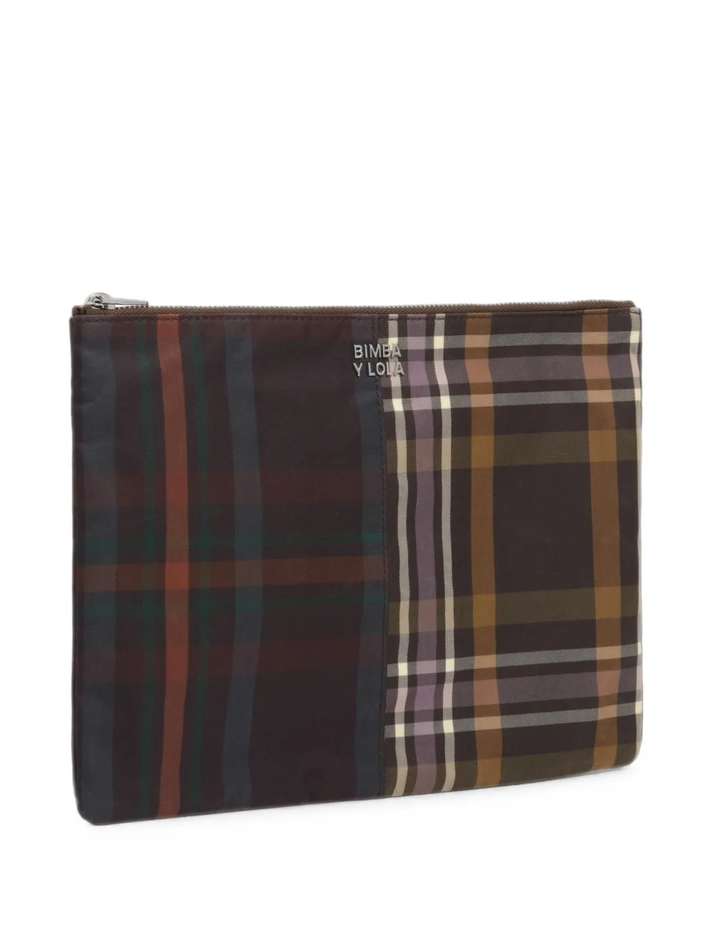 BIMBA Y LOLA coated chocolate green tartan patchwork make-up case - Marrone