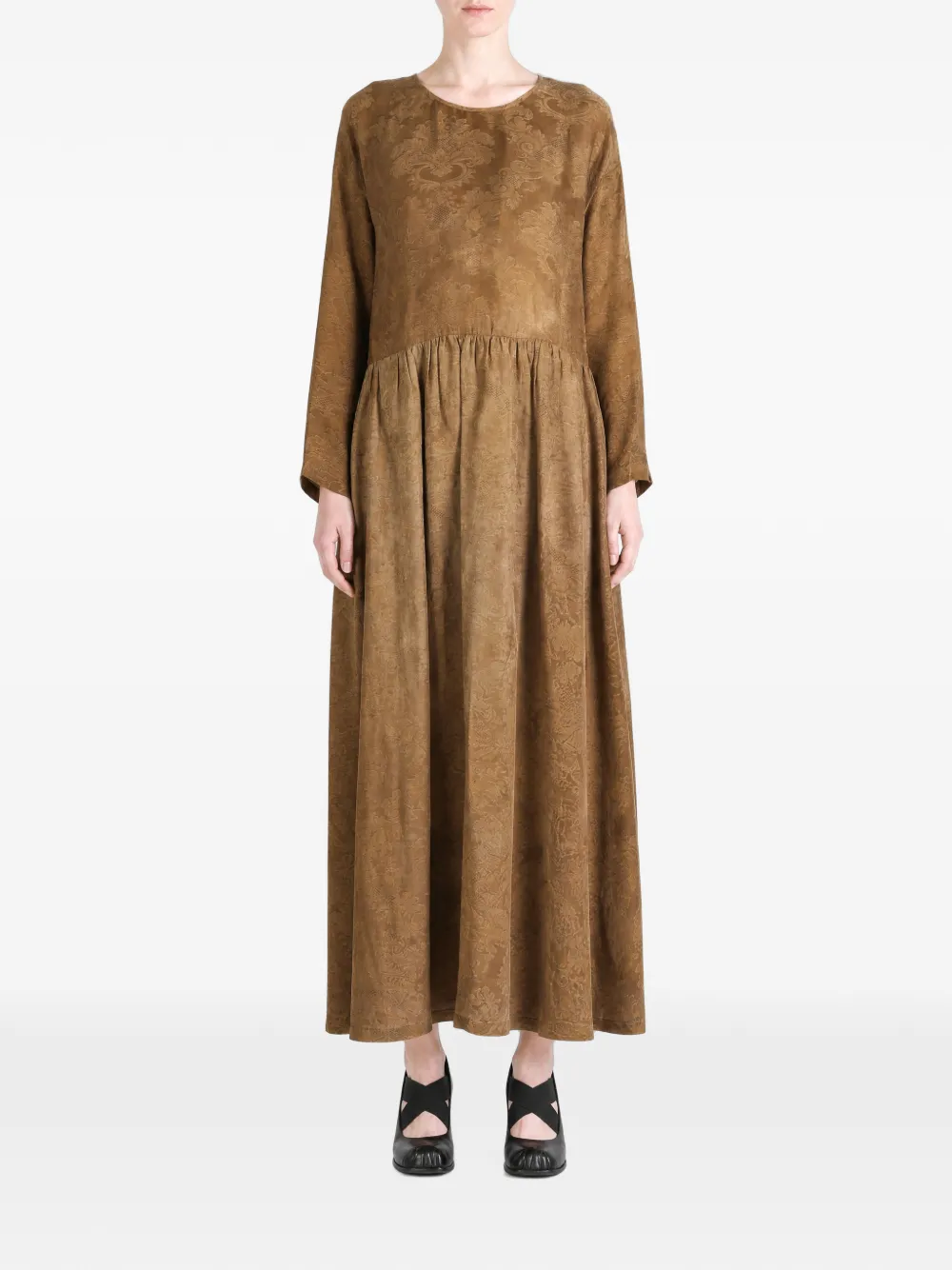 Uma Wang Gesmockte maxi-jurk met damast-patroon Bruin