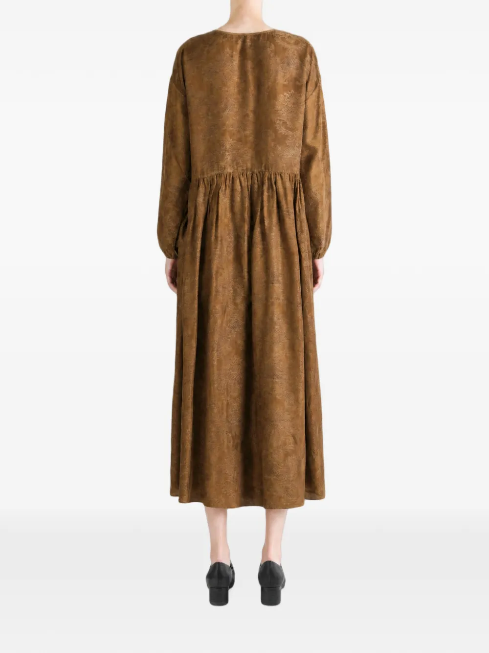Uma Wang Gesmockte maxi-jurk met damast-patroon Bruin