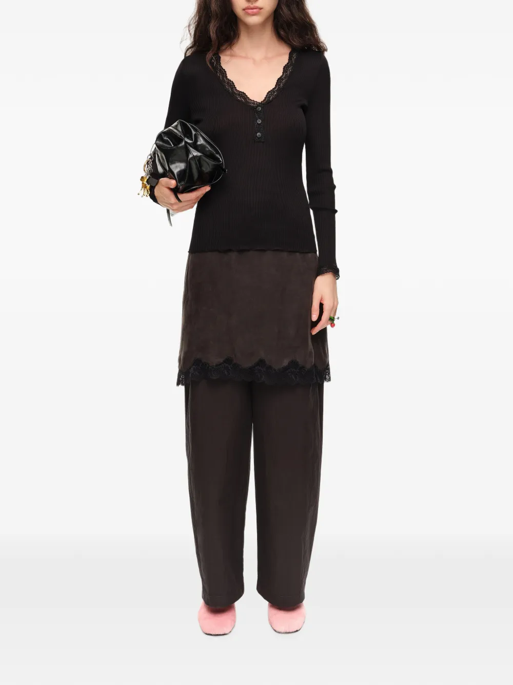 BIMBA Y LOLA Geribbeld T-shirt met V-hals Zwart