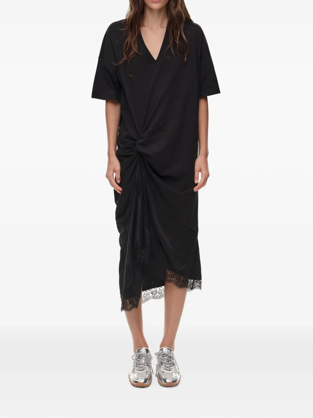 BIMBA Y LOLA T-shirtjurk van twee materialen met geknoopt detail Zwart