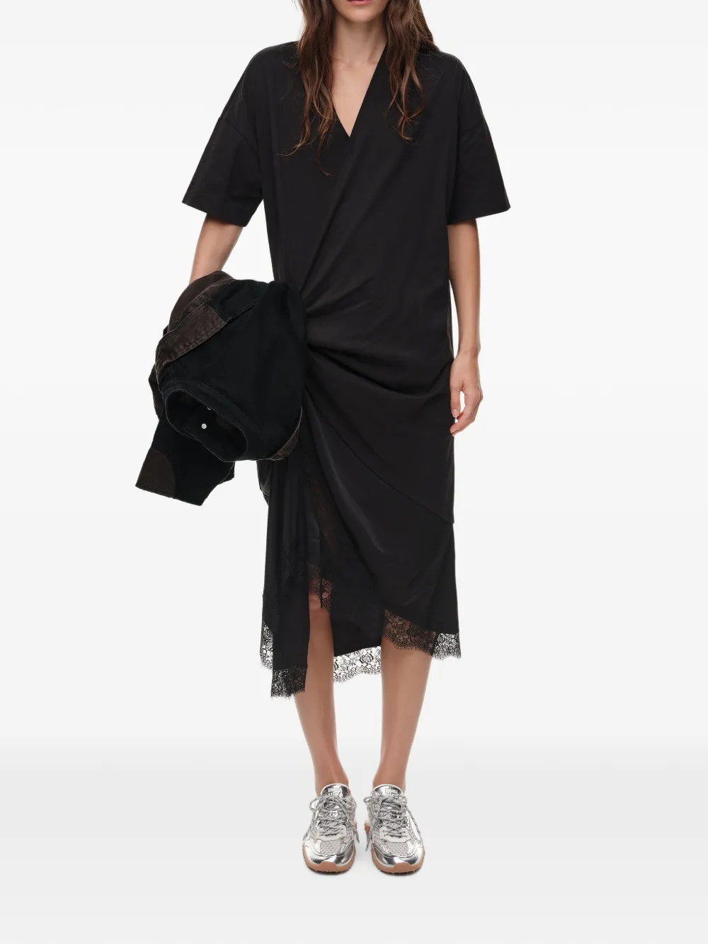BIMBA Y LOLA T-shirtjurk van twee materialen met geknoopt detail Zwart
