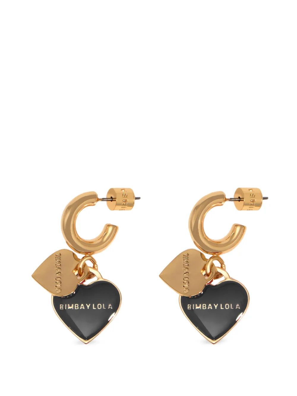 BIMBA Y LOLA black hoop earrings with double heart logo. · OS