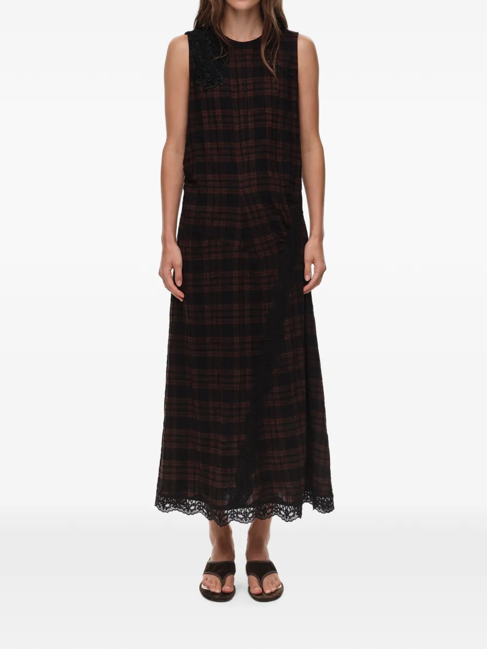 BIMBA Y LOLA Geruite midi-jurk met kanten details Bruin