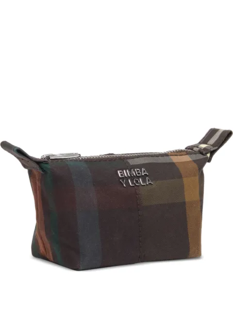BIMBA Y LOLA coated chocolate green tartan Trapecio coin purse