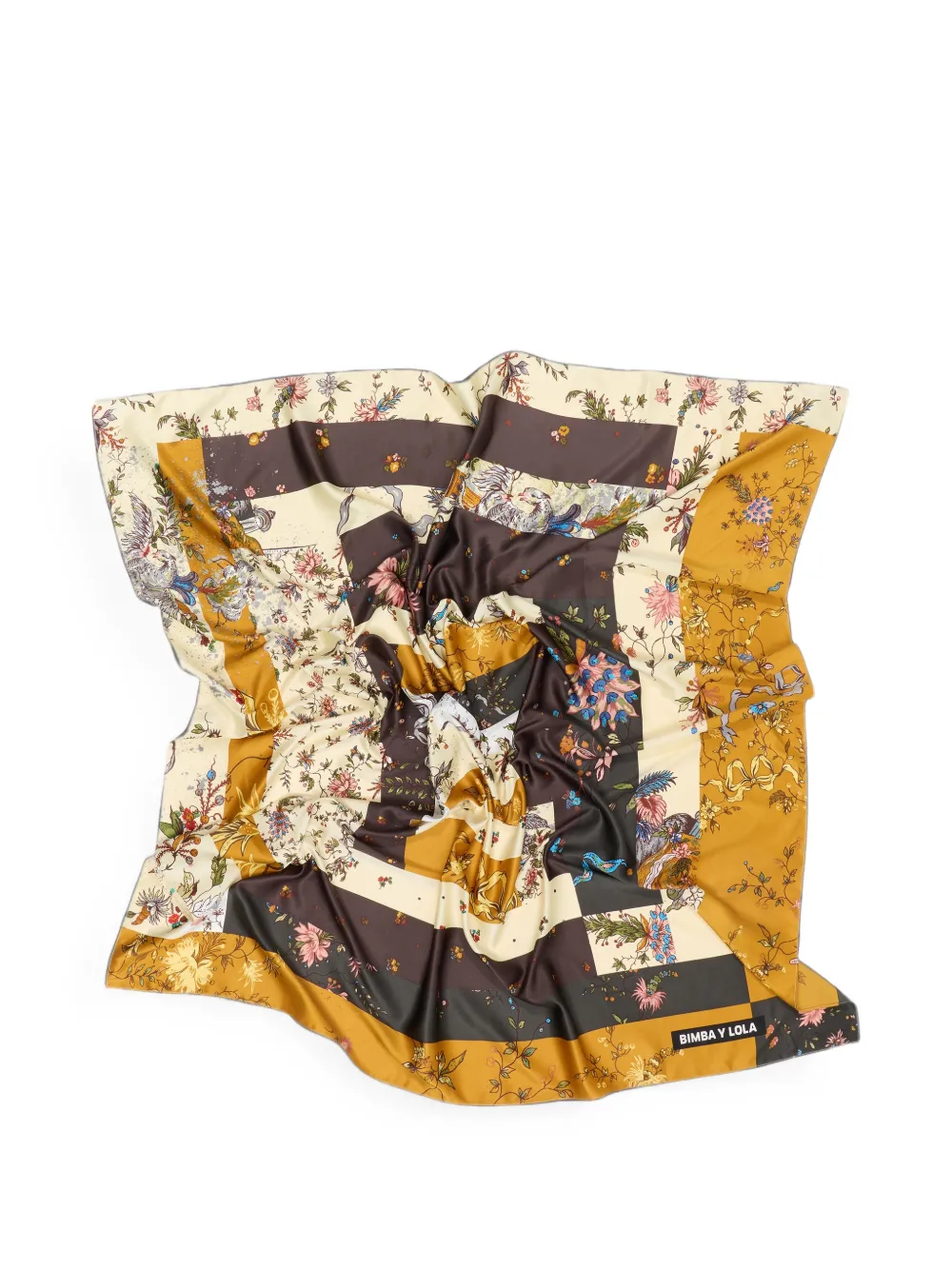 BIMBA Y LOLA Ocher sjaal met patchwork en bloemen Beige