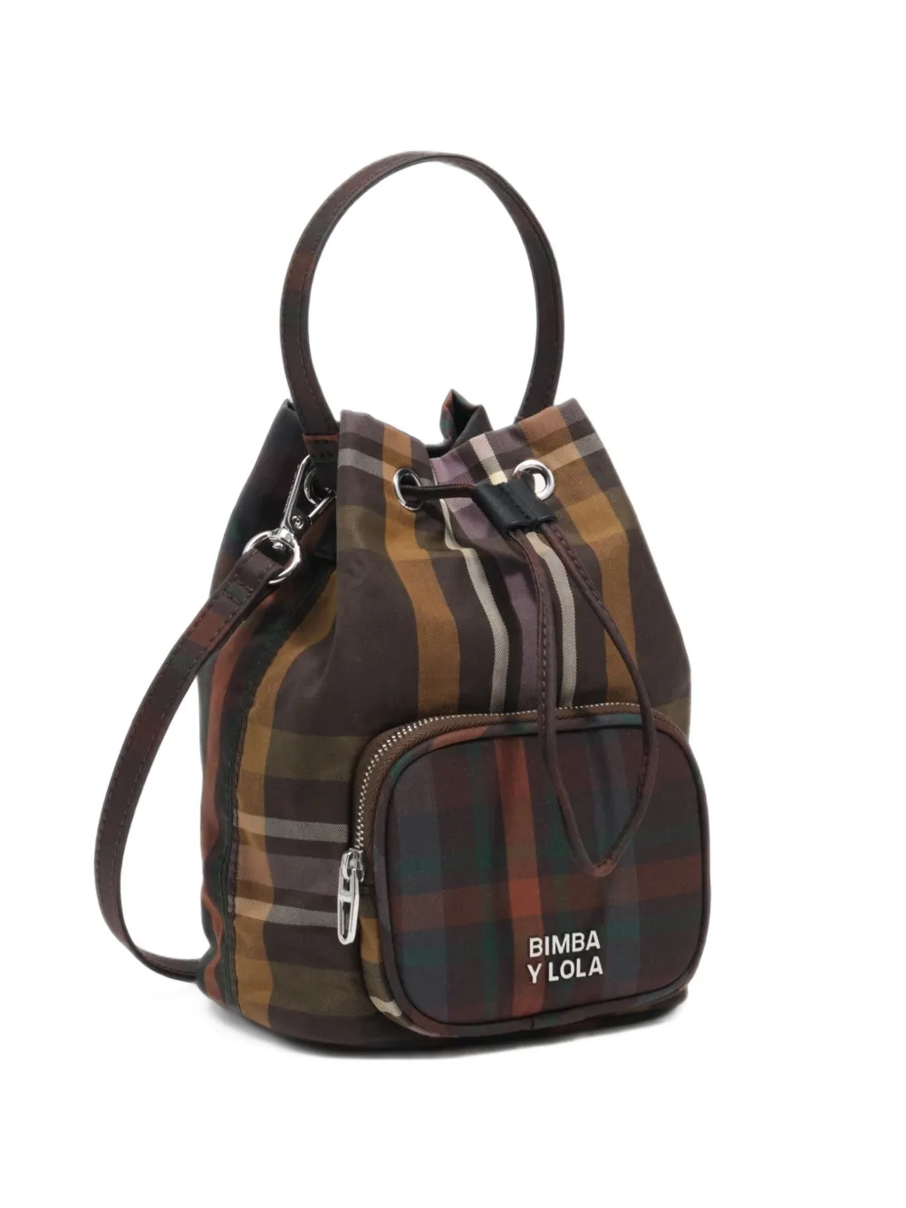 BIMBA Y LOLA coated chocolate green tartan bucket bag - Marrone