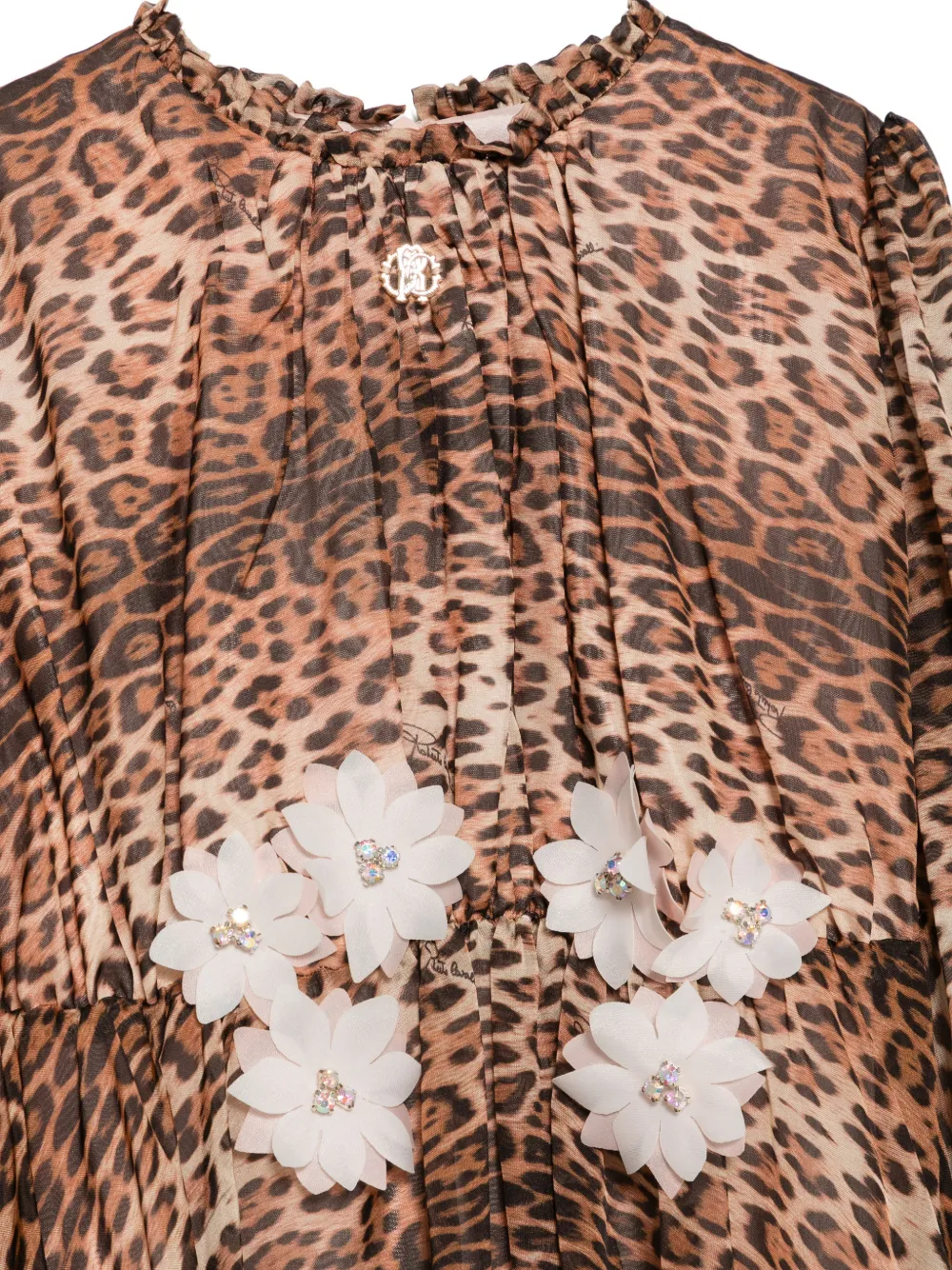 Roberto Cavalli Junior Jurk met luipaardprint en bloemenpatch Bruin