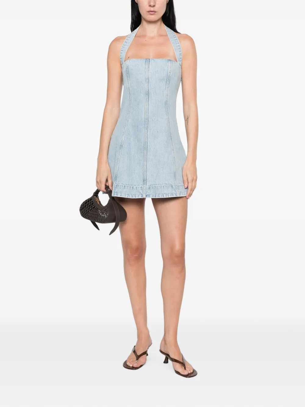 Retrofete Denim mini-jurk met halternek Blauw