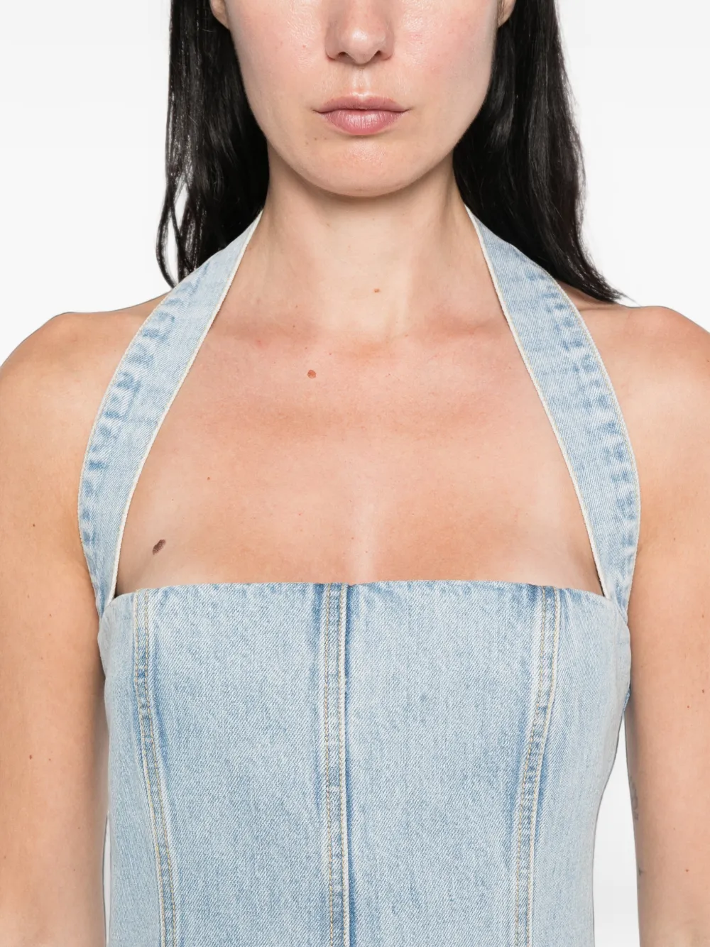 Retrofete Denim mini-jurk met halternek Blauw