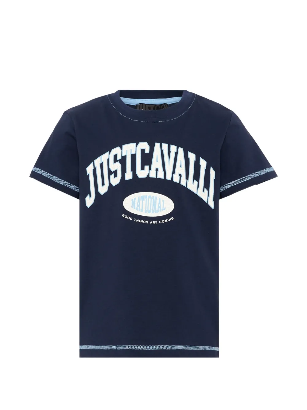 Just Cavalli Kids cotton logo-print contrast-stitch T-shirt - Blu