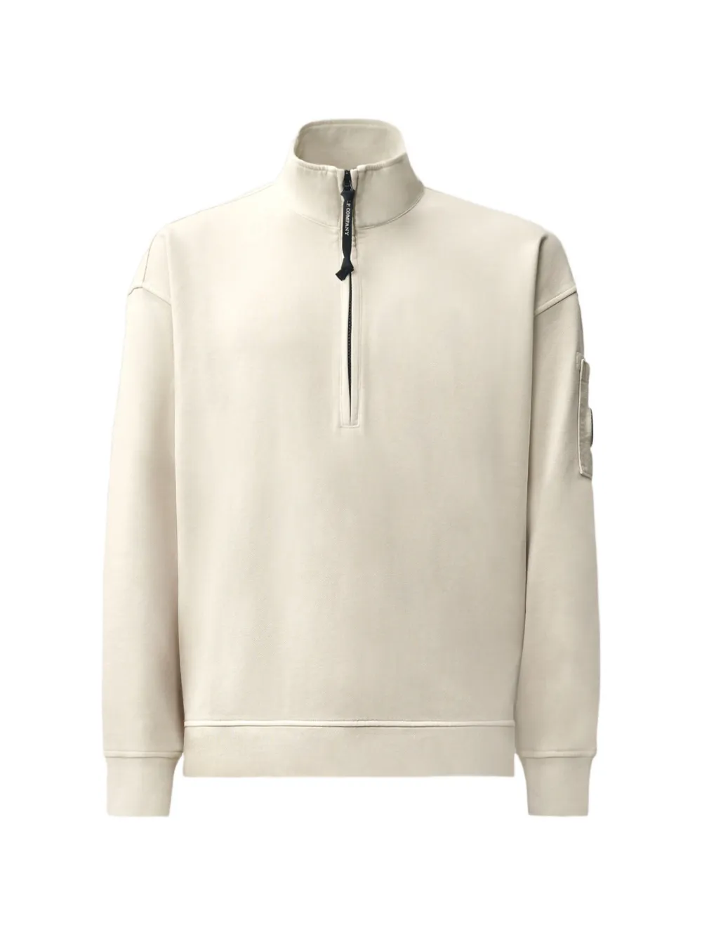 C.p. Company Brushed And Emerized Diagonal-fleece Mixed Boxy Lens Half-zip Sweatshirt In Neutrals