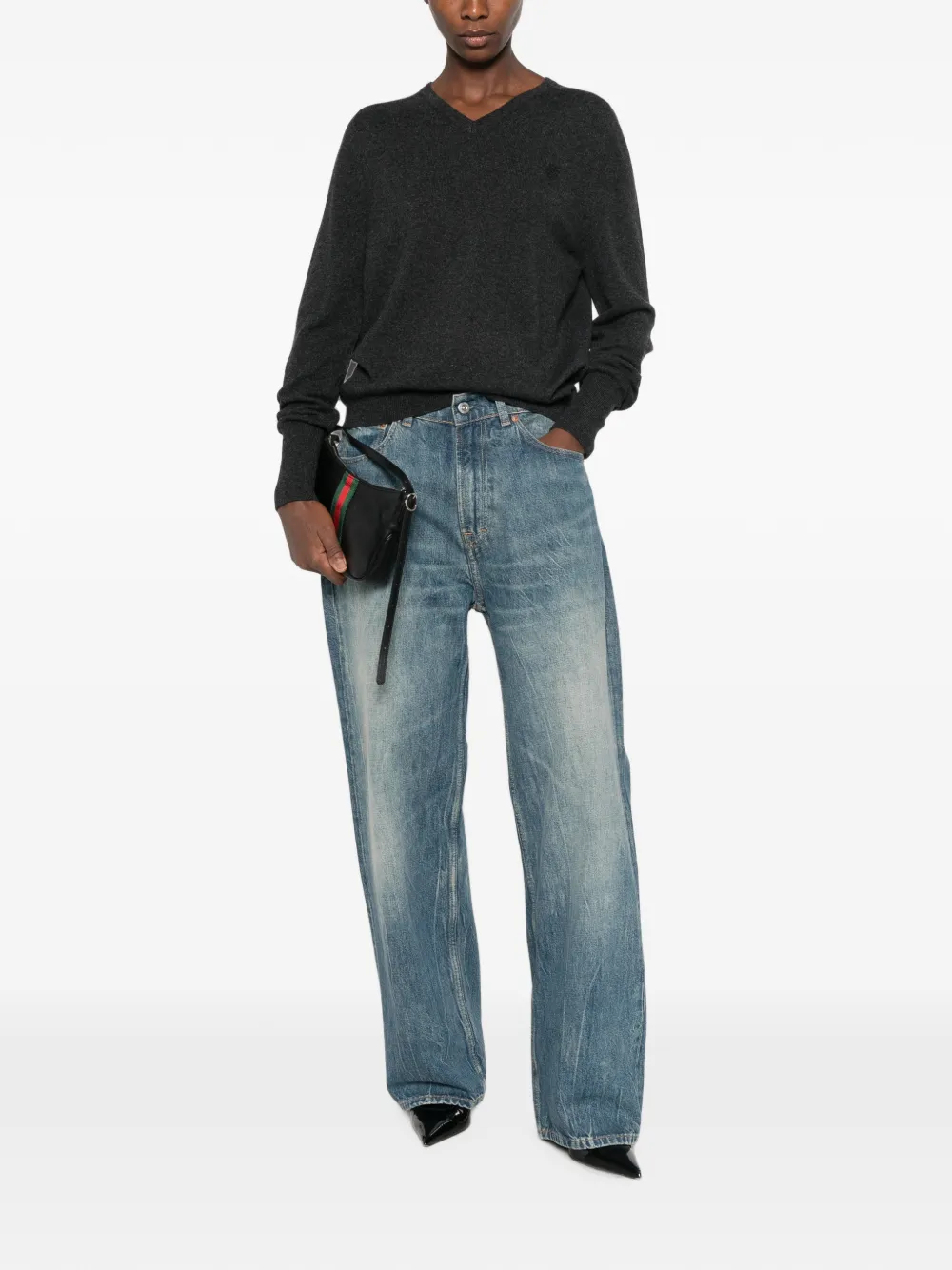 Gucci Trui met geborduurd logo en V-hals Grijs