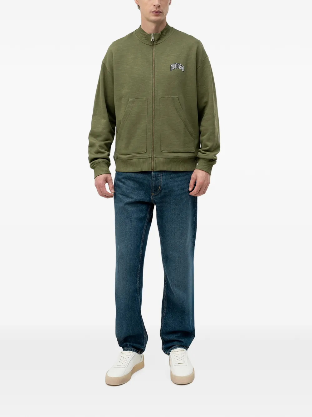 HUGO Sweater met logopatch en rits Groen