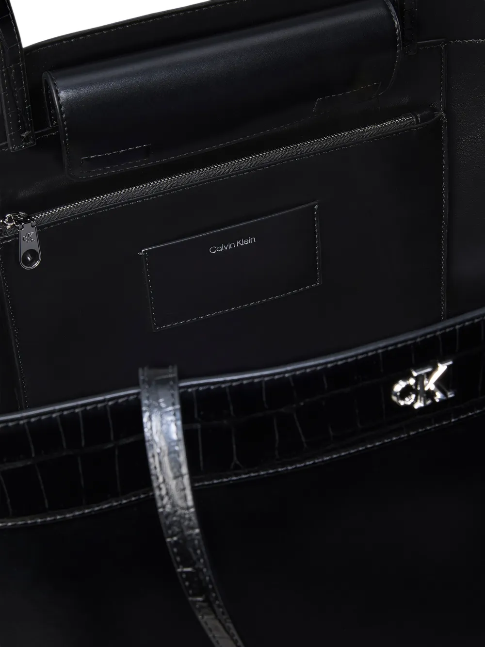 Calvin Klein Large Monogram Croc-effect Trim Tote Bag in Black, view 3