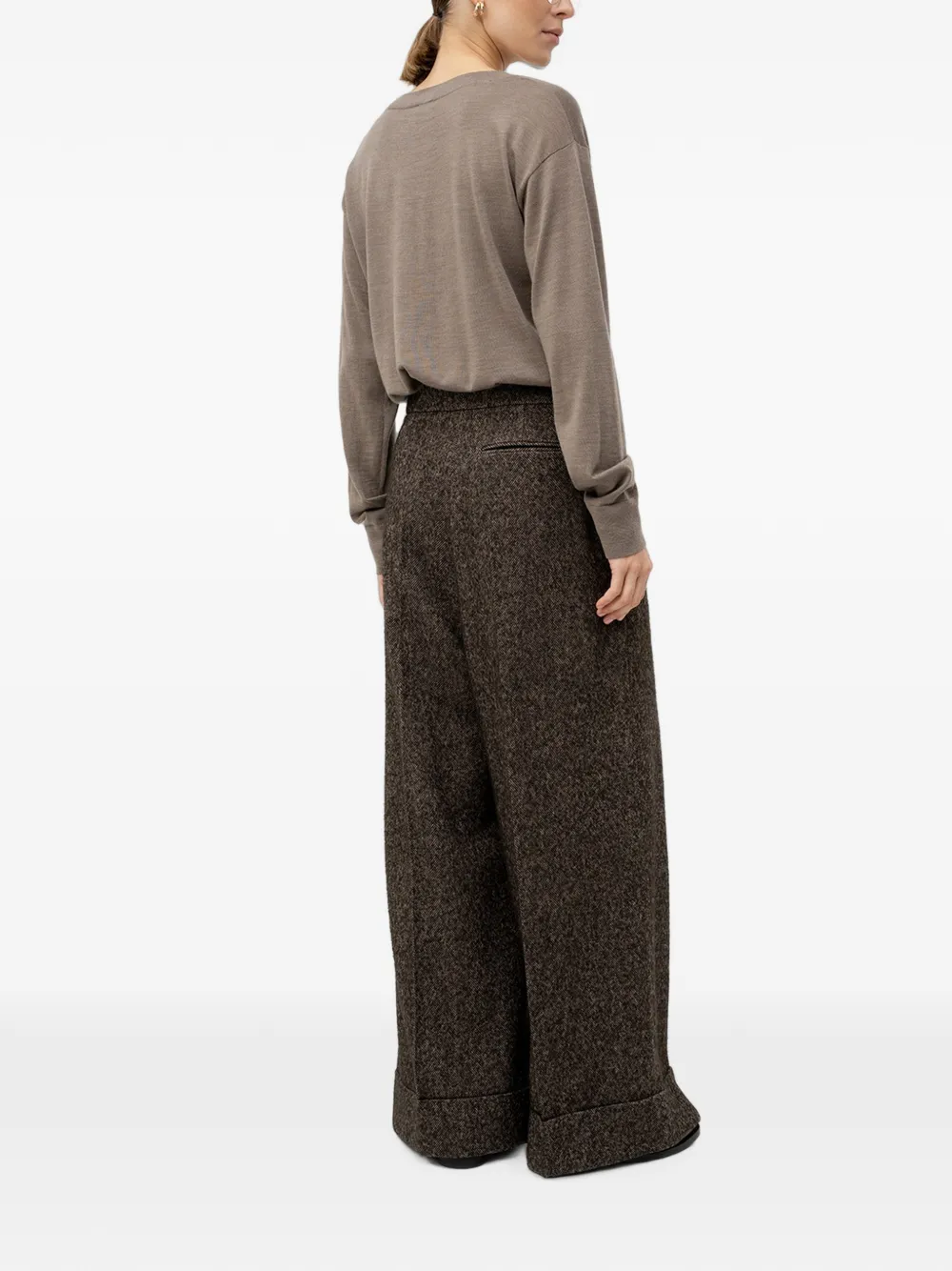 BOSS Broek van wolblend met wijde pijpen en visgraatpatroon Bruin