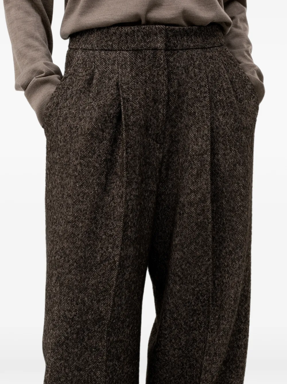 BOSS Broek van wolblend met wijde pijpen en visgraatpatroon Bruin