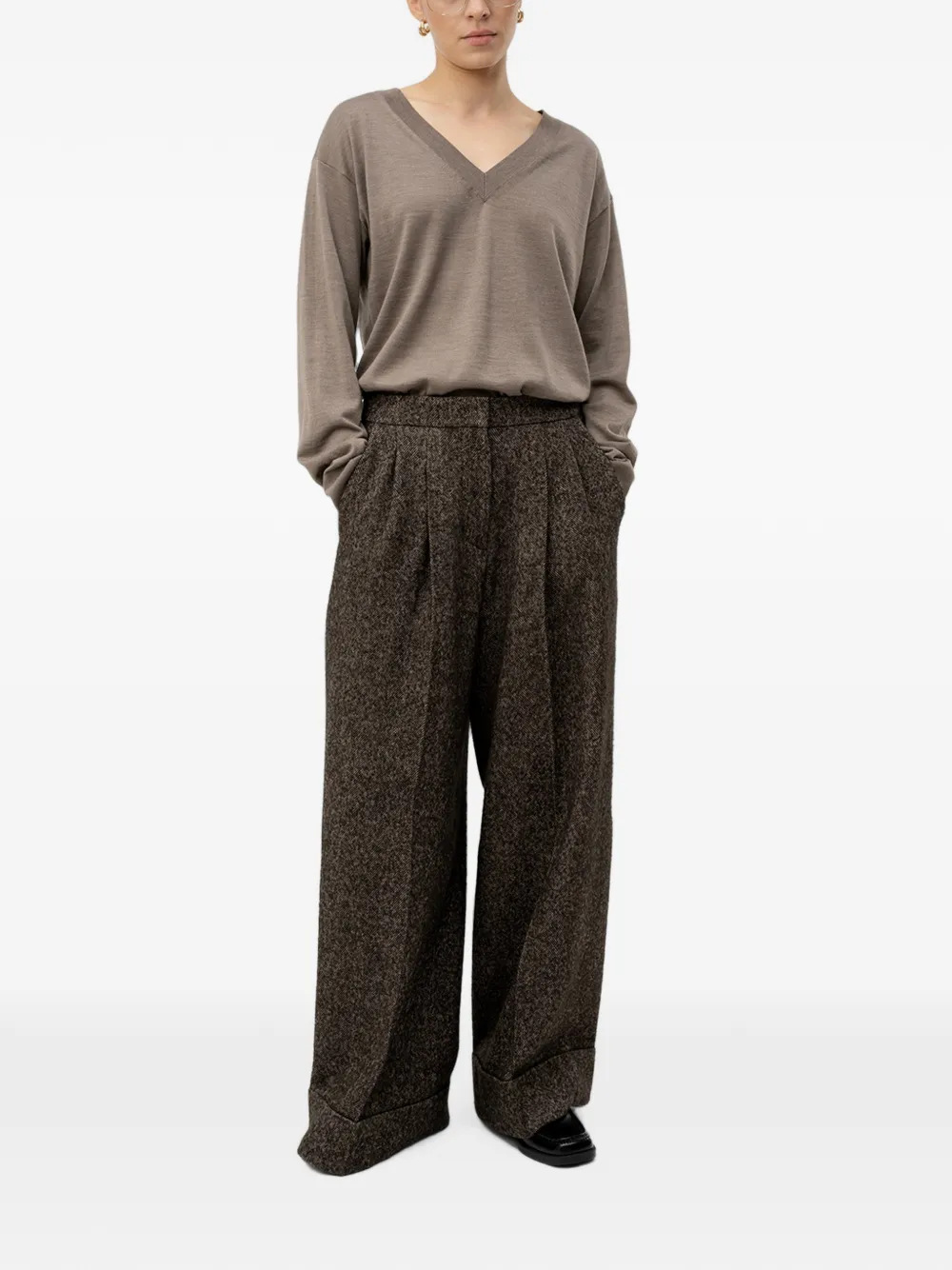 BOSS Broek van wolblend met wijde pijpen en visgraatpatroon Bruin