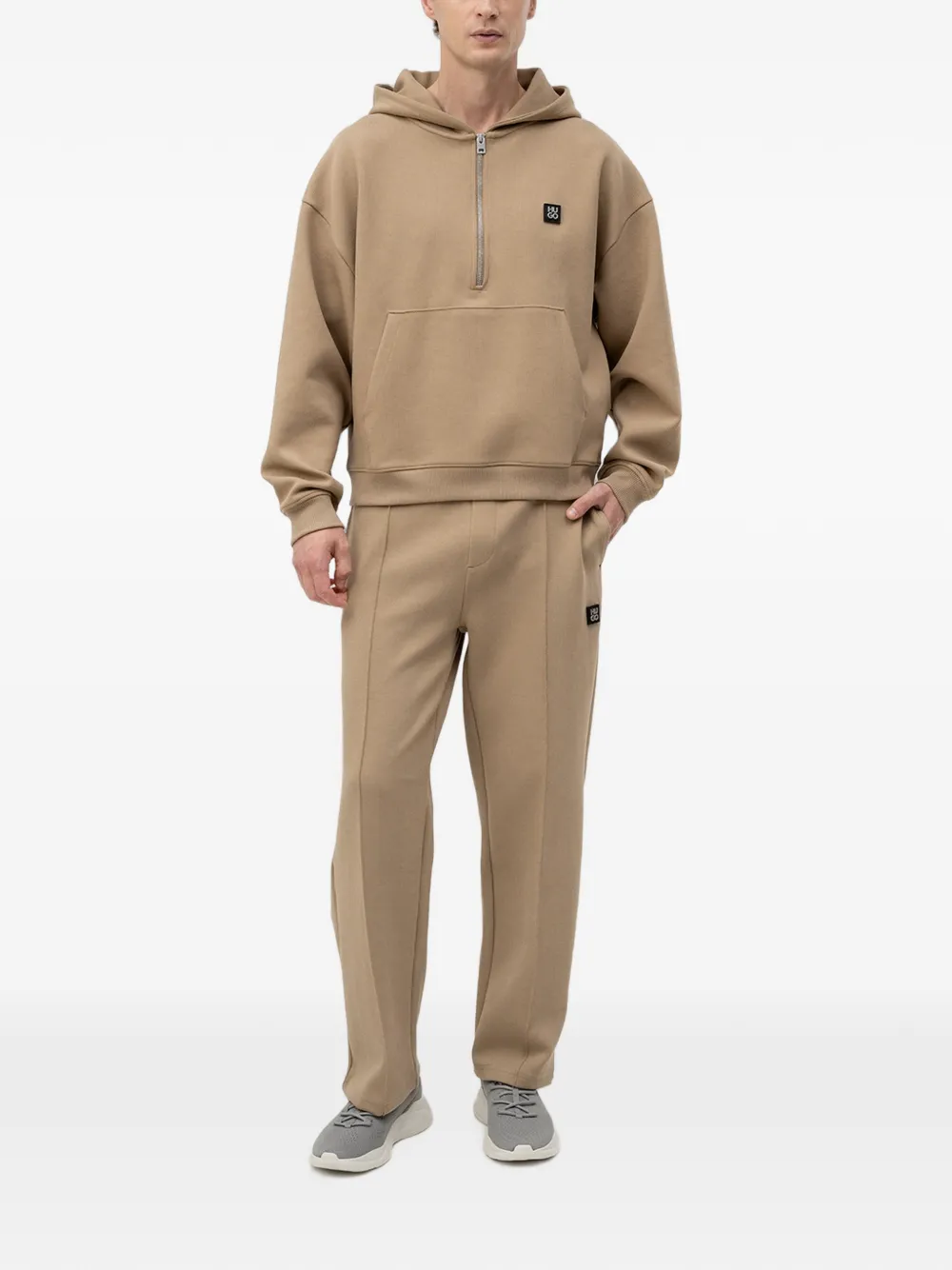 HUGO Hoodie met rits en katoenen structuur Beige