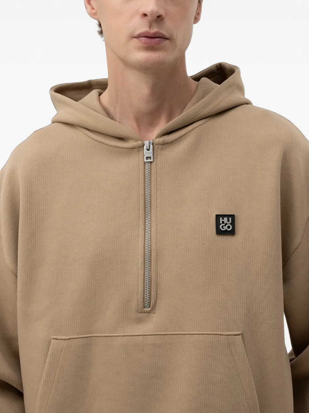 HUGO Hoodie met rits en katoenen structuur Beige