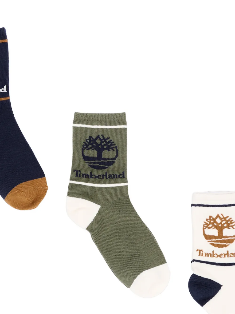 Timberland Kids Drie paar gestreepte sokken met logo-intarsia Beige
