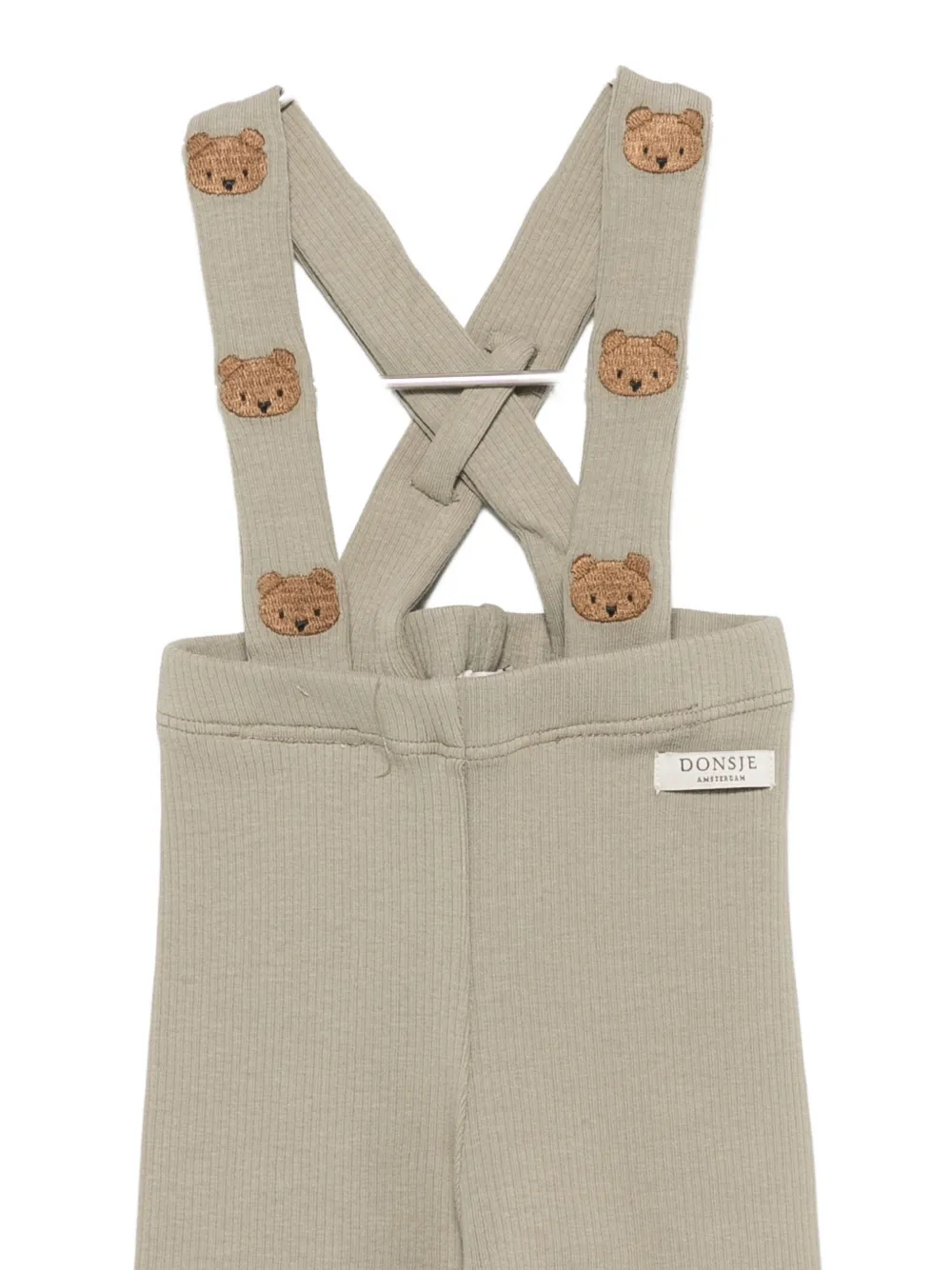 Donsje Geribbelde tuinbroek met geborduurde beer Beige