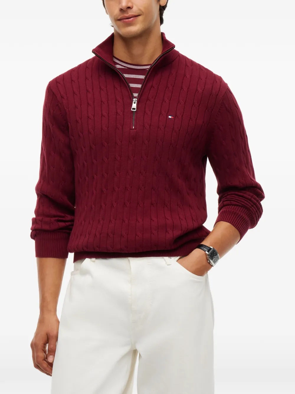 Tommy Hilfiger cable-knit quarter-zip sweater Rood
