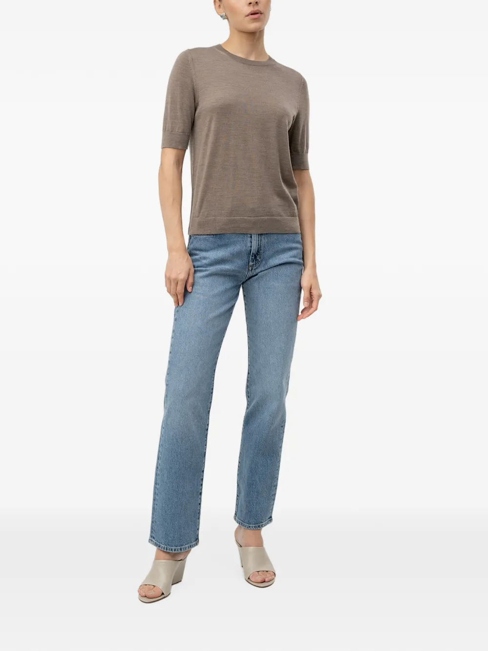 BOSS Slim-fit trui van superfijne merinowol met korte mouwen Beige