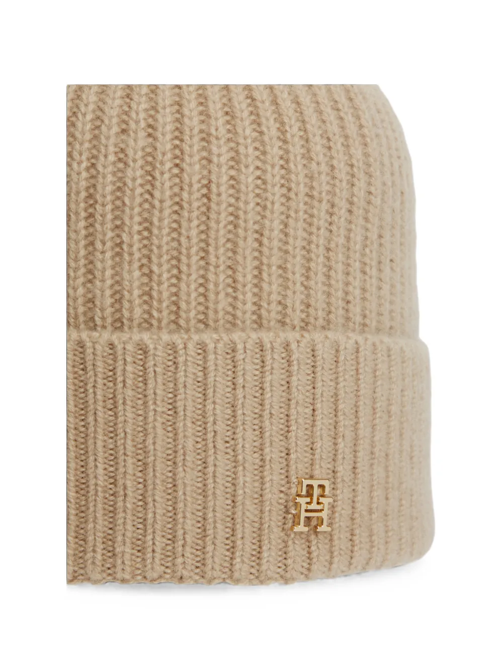Tommy Hilfiger Ribgebreide muts met logoplakkaat Beige