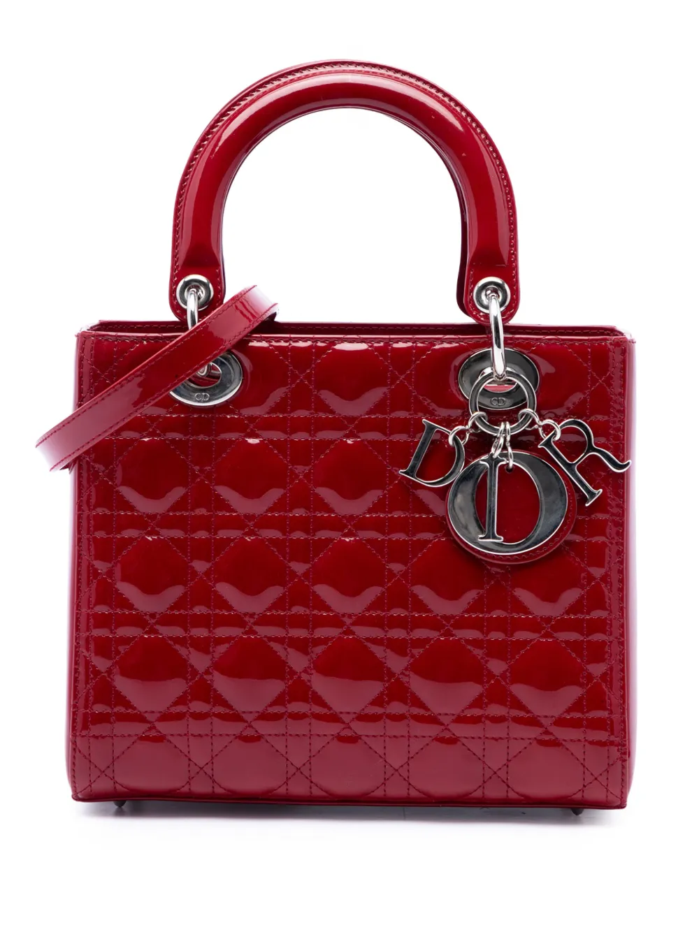 Christian Dior Pre-Owned Borsa a tracolla Lady Dior media con finitura verniciata e motivo Cannage 2014 - Rosso