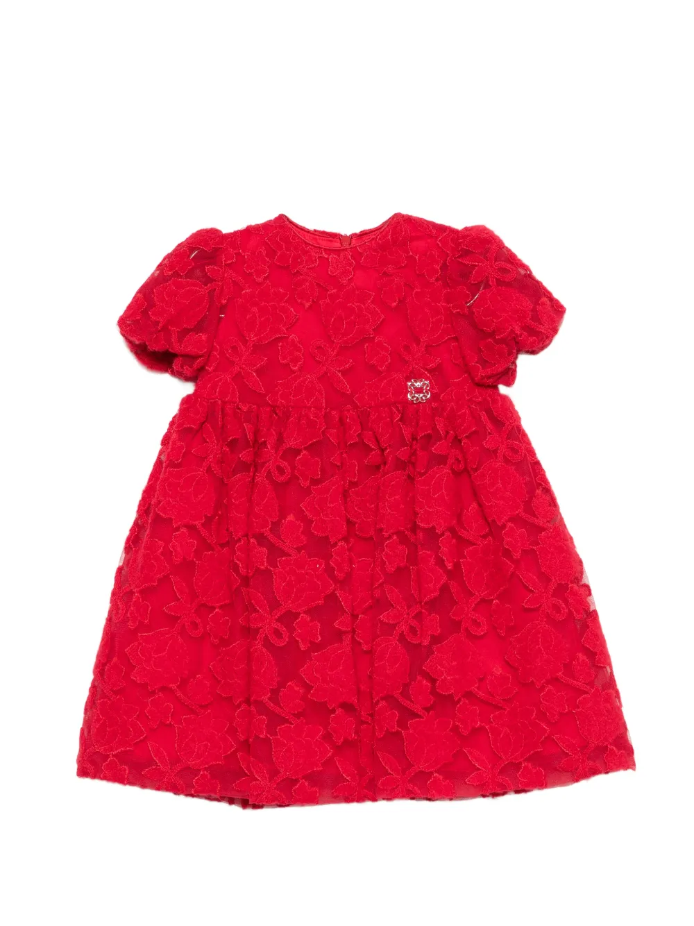 ELIE SAAB JUNIOR floral-lace puff-sleeve dress - Rosso