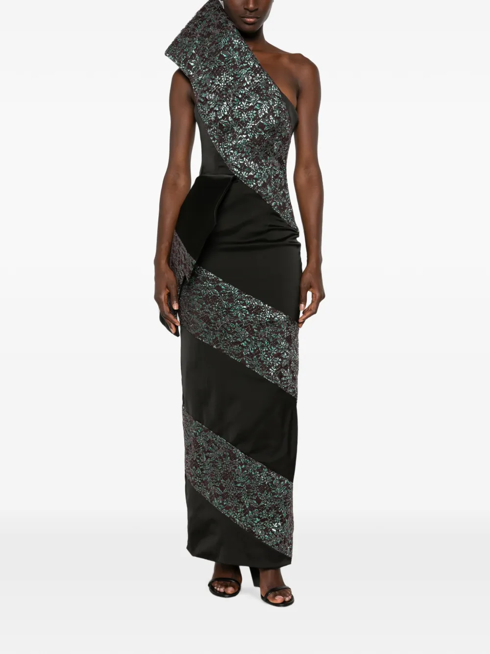 MITILIANE COUTURE Asymmetrische maxi-jurk met kanten vlakken Zwart