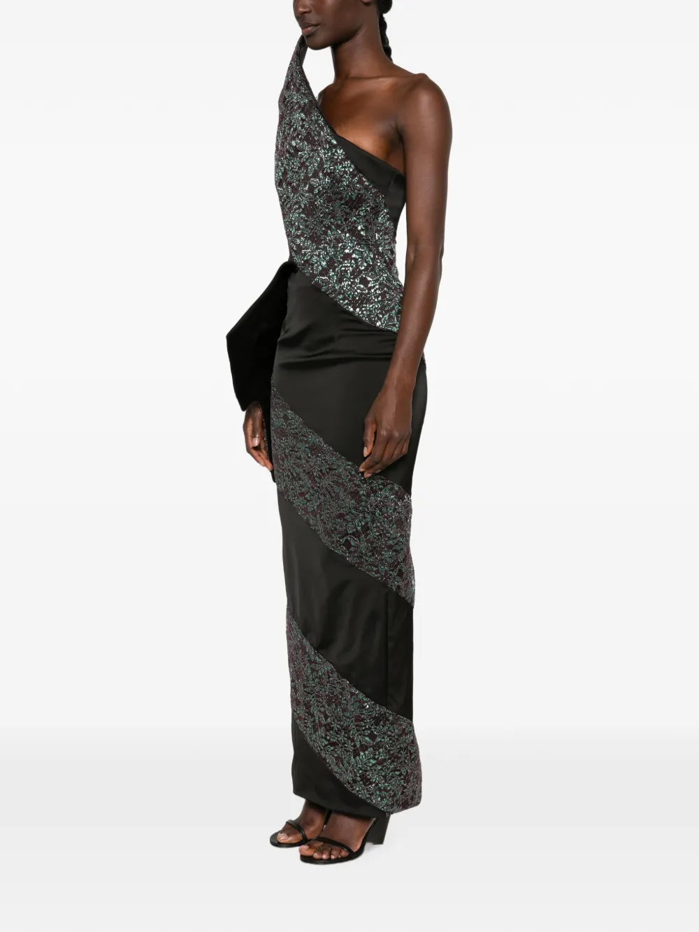 MITILIANE COUTURE Asymmetrische maxi-jurk met kanten vlakken Zwart