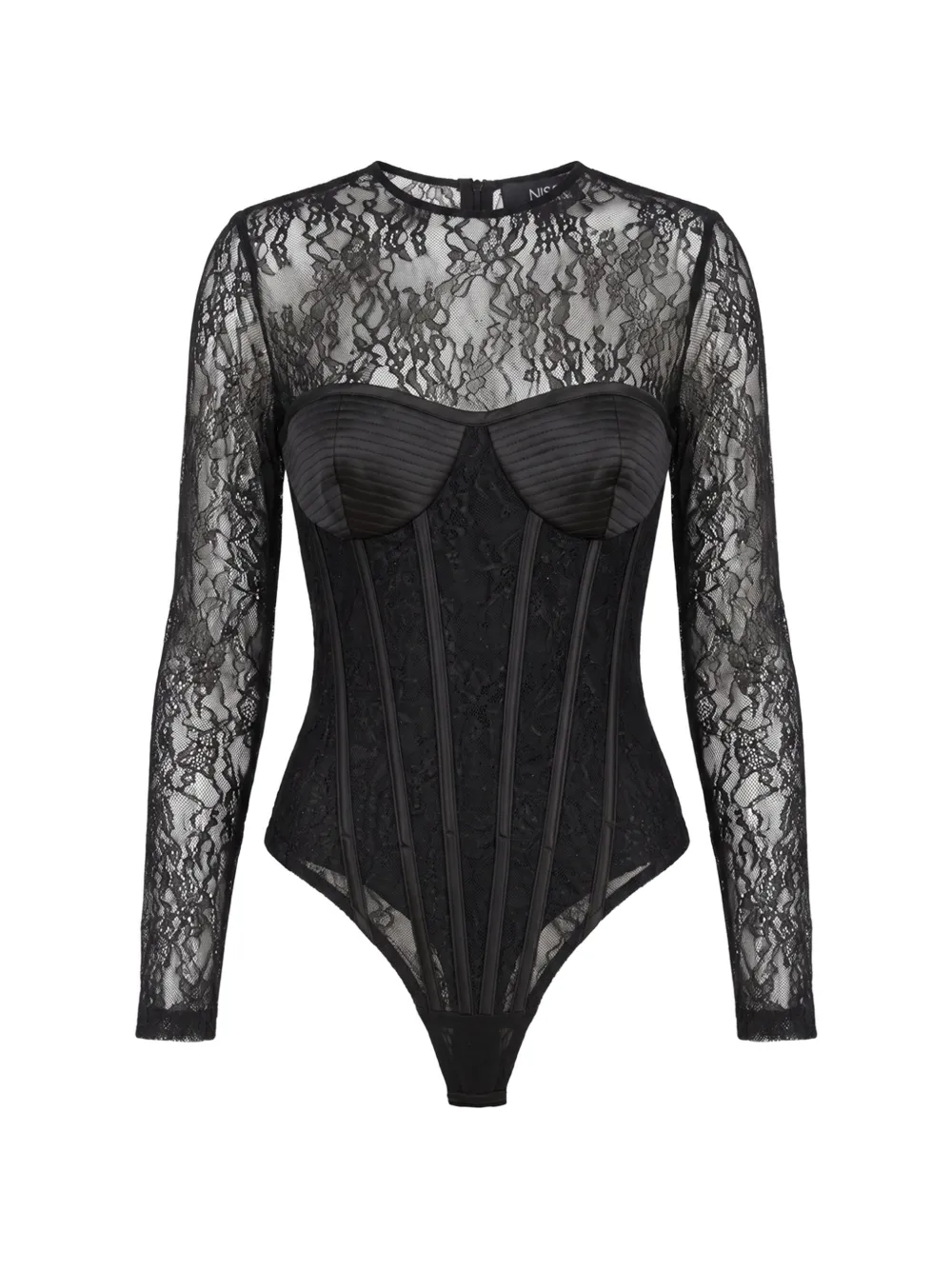 NISSA lace-panelled corset-style bodysuit - Nero