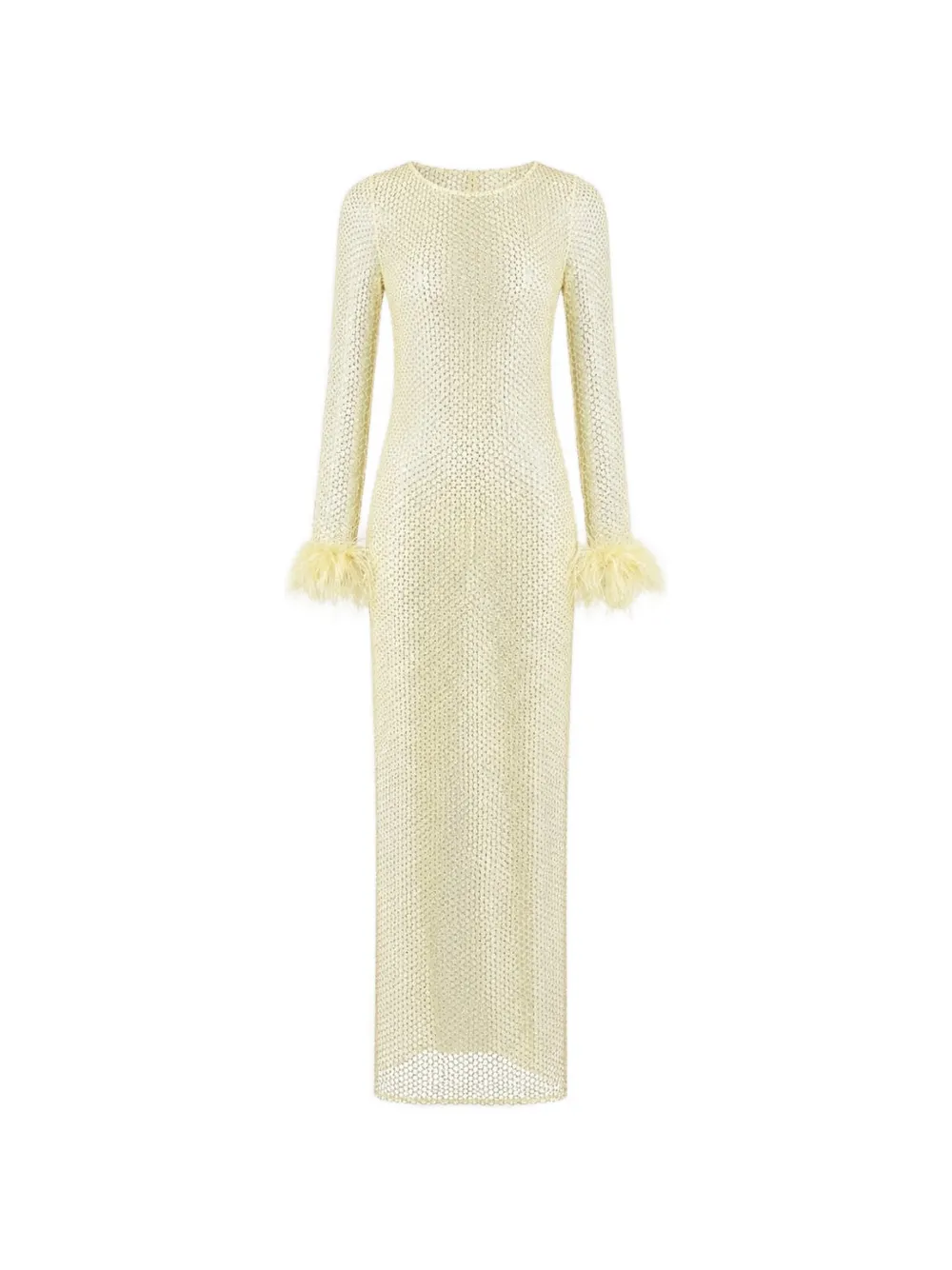 OW Collection maxi Alva feather-cuff embellished mesh dress