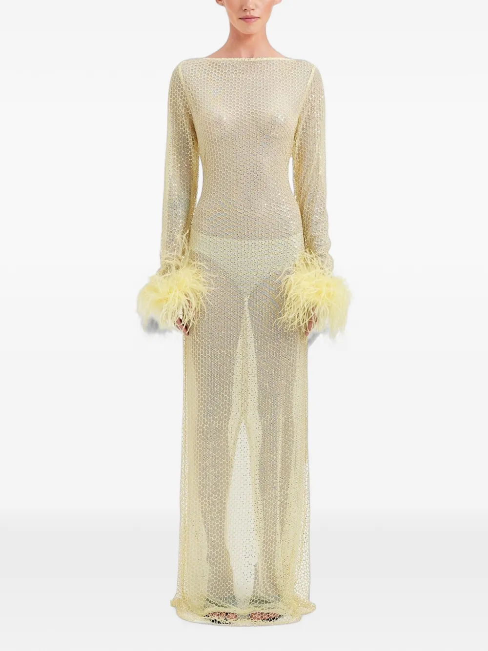 OW Collection Alva maxi-jurk verfraaid met veren en mesh Geel
