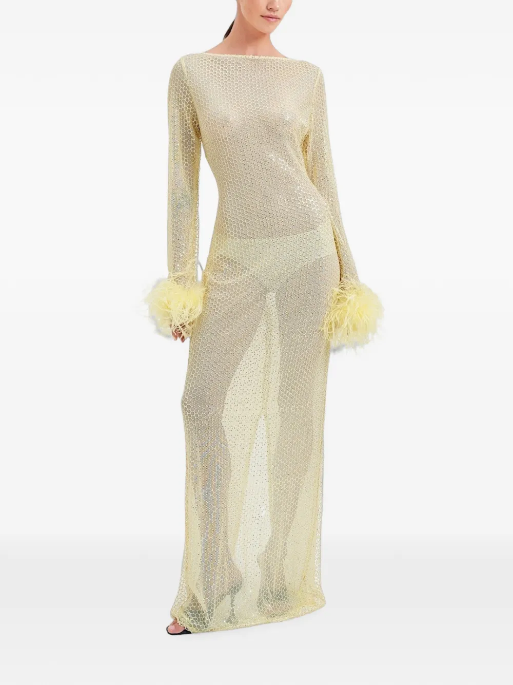 OW Collection Alva maxi-jurk verfraaid met veren en mesh Geel