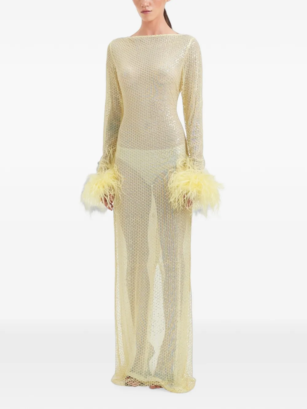 OW Collection Alva maxi-jurk verfraaid met veren en mesh Geel