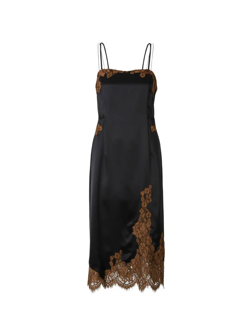 Dorothee Schumacher Shiny Statement Lace-trim Spaghetti-strap Midi Dress In Black