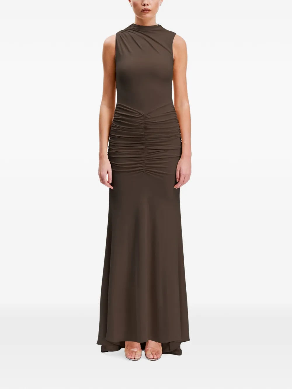 OW Collection Elina mouwloze maxi-jurk met ruches Bruin