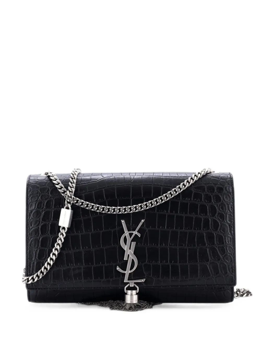Saint Laurent Pre-Owned Mittelgroß Classic Monogram Umhängetasche aus Leder mit Kroko-Prägung und Quaste - Schwarz
