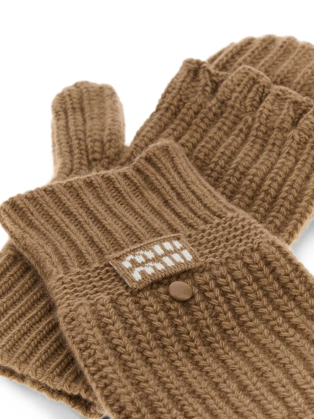 Miu Ribgebreide handschoenen met logopatch Bruin