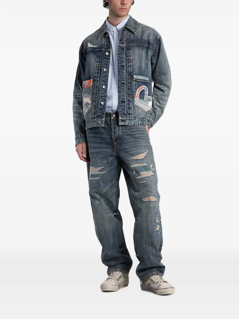 EVISU distressed patchwork jeans Blauw