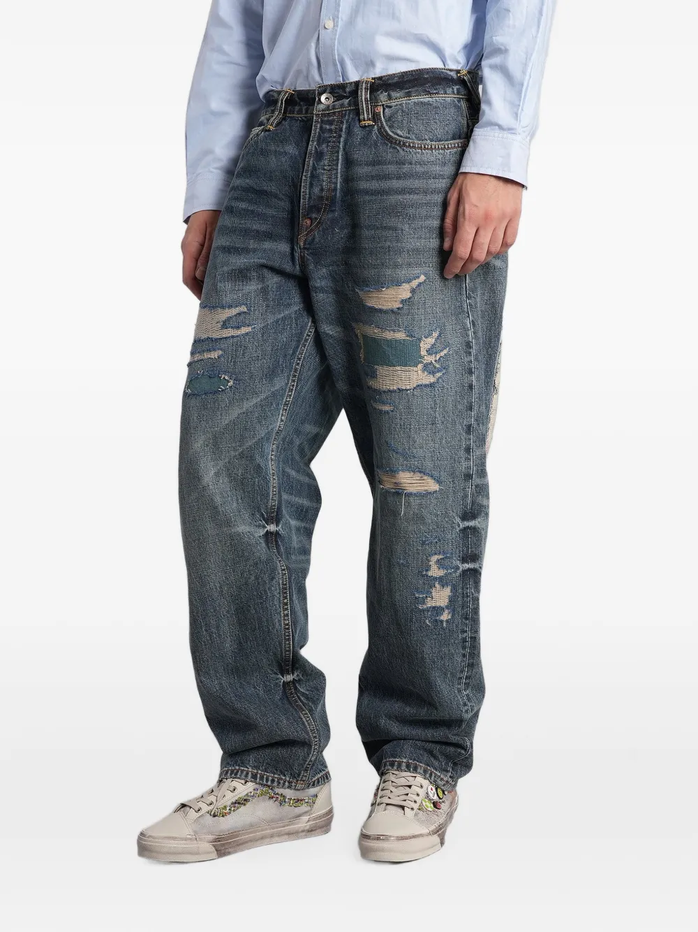 EVISU distressed patchwork jeans Blauw