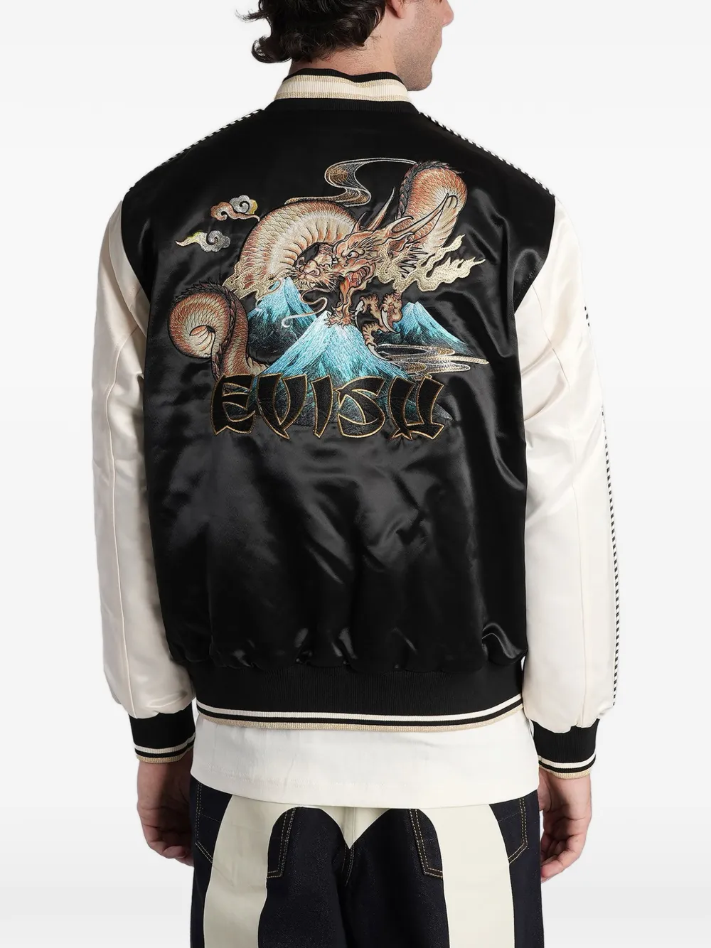EVISU dragon-embroidered satin jacket Zwart
